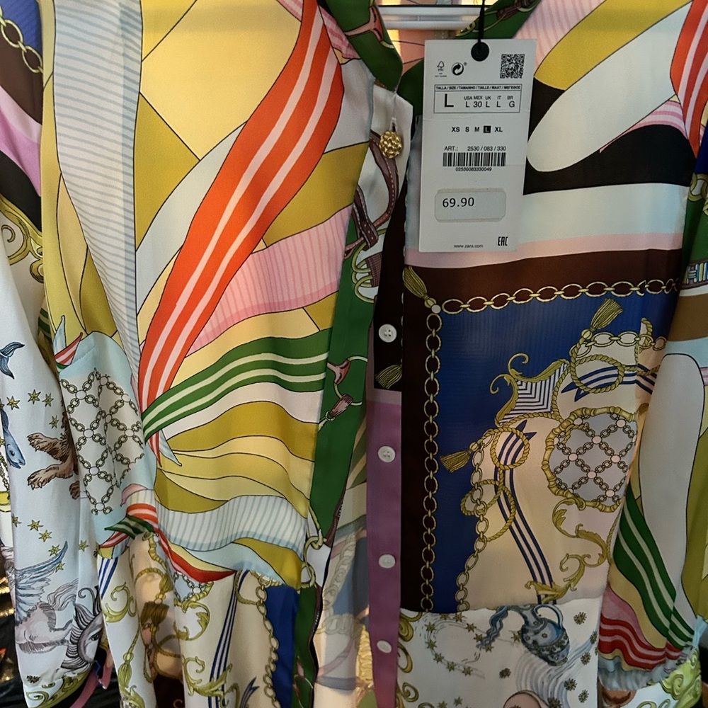 Zara Multicolor Graphic satin Button-Up Shirt
